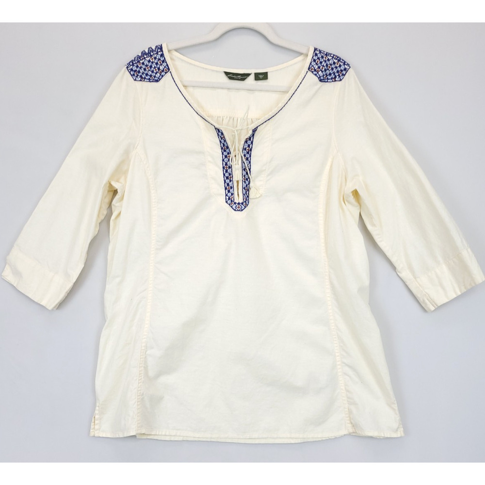 Eddie Bauer Embroidered Tunic Top Tasseled Women‎ XL Ivory Blue Boho Hippie
